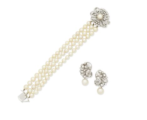 CULTURED PEARL BRACELET WITH DIAMOND-SET CLASP AND EARCLIPSThe three-row 6.0mm cultured pearl bracelet with a clasp of scroll