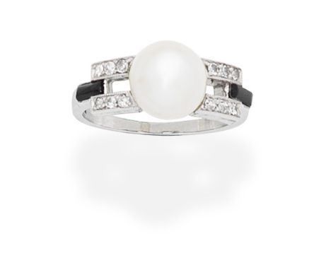 NATURAL PEARL AND ONYX RINGThe 8.02-7.92 x 6.97mm natural button-shaped pearl between geometric, openwork shoulders, set with