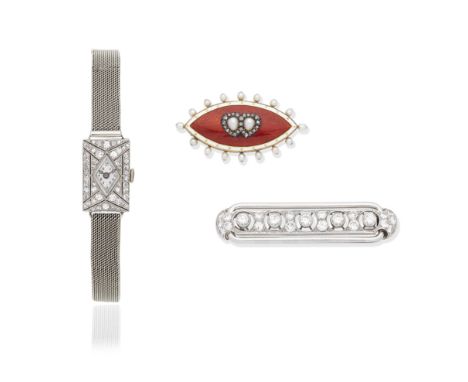 DIAMOND-SET WRISTWATCH; DIAMOND BAR BROOCH; ENAMEL, DIAMOND AND SEED PEARL BROOCH, LATE 19TH-EARLY 20TH CENTURY1st: The lozen