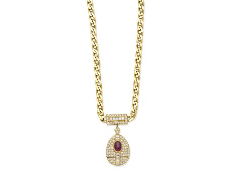 RUBY AND DIAMOND PENDANT NECKLACEThe fancy-link chain suspending a pendant set with a ruby cabochon and step-cut and pavé-set