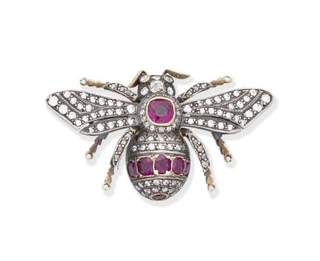 RUBY AND DIAMOND BEE BROOCHSet throughout with old brilliant-cut diamonds, the thorax and abdomen set with cushion and oval-c