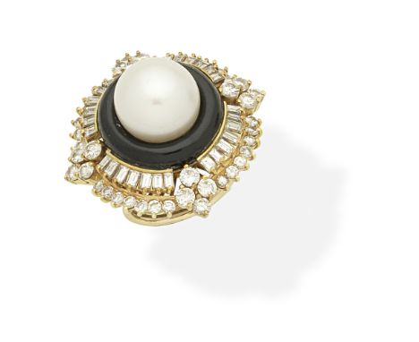 CULTURED PEARL, ONYX AND DIAMOND DRESS RINGOf cluster design, set with a 13.0mm cultured pearl within an onyx surround, frame