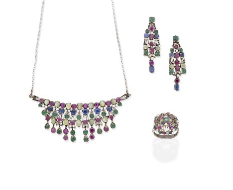 GEM-SET AND DIAMOND NECKLACE, EARRINGS AND RING SUITEThe necklace set to the front with circular-cut sapphires, emeralds, rub