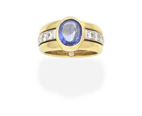 SAPPHIRE AND DIAMOND RINGBicoloured, set with an oval-cut sapphire, the shoulders set with brilliant-cut diamonds, ring size 