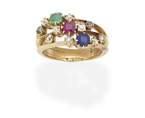 SAPPHIRE, RUBY, EMERALD AND DIAMOND RING, EARLY 20TH CENTURYThe knifewire hoops set with a cushion-shaped sapphire, ruby and 