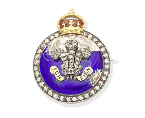 PRINCE OF WALES'S FEATHERS DIAMOND AND ENAMEL BROOCHThe Prince of Wales's feathers set with rose-cut diamonds, circular-cut e