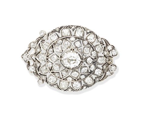 DIAMOND BROOCH,  CIRCA 1870The openwork panel set with cushion-shaped and rose-cut diamonds,  diamonds approx. 3.00cts total,