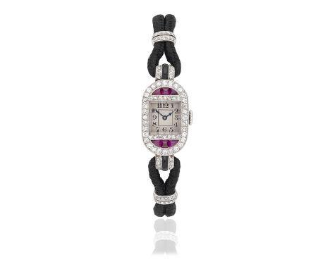 ART DECO GEM-SET COCKTAIL WATCH, CIRCA 1925The square dial with black Arabic numerals and blue steel hands within a bezel set