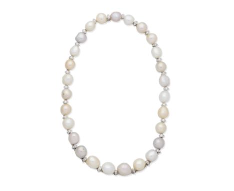 SCHOEFFEL: CULTURED PEARL AND DIAMOND NECKLACEThe single row of 10.4-13.8mm cultured pearls of pink tint, interspersed with b
