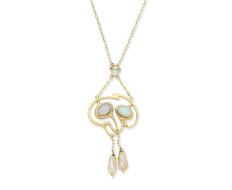 BERNARD HERTZ: OPAL AND PEARL PENDANT/NECKLACE, CIRCA 1900Of openwork abstract design, set with opal cabochons, suspending tw