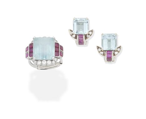 AQUAMARINE, RUBY AND DIAMOND DRESS RING AND EARCLIPSThe ring set with a step-cut aquamarine, between step-cut ruby shoulders 