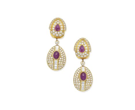 RUBY AND DIAMOND PENDENT EARCLIPSEach surmount set with a ruby cabochon and pavé-set brilliant-cut diamonds, suspending a sim