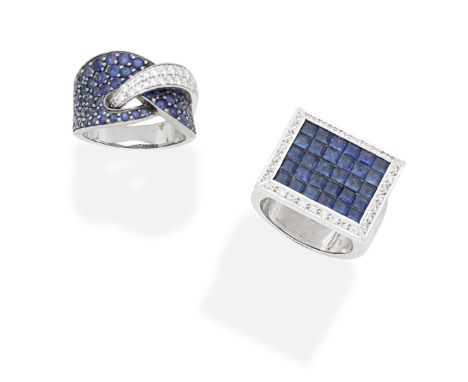 TWO SAPPHIRE AND DIAMOND DRESS RINGS1st: Of plaque design, set with calibré-cut sapphires within a frame of brilliant-cut dia