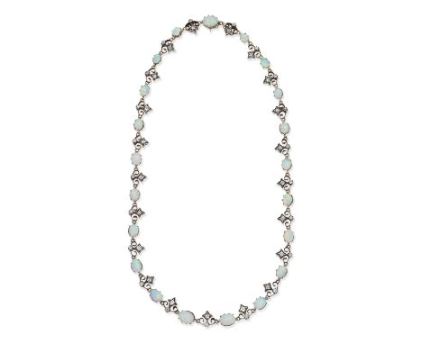 OPAL AND DIAMOND NECKLACE, LATE 19TH CENTURYThe oval opal cabochons graduating in size towards the centre, via scrollwork lin