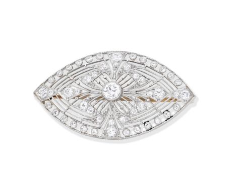 DIAMOND BROOCH, CIRCA 1915The navette-shaped openwork plaque, set with old brilliant-cut diamonds and millegrain detail,  dia