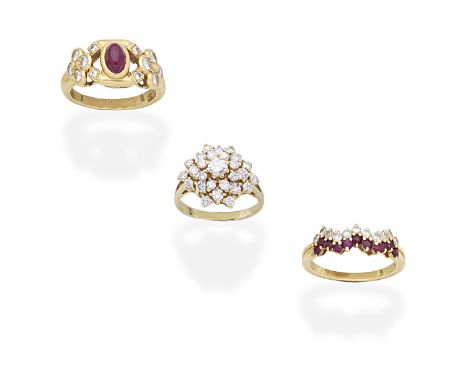 TWO RUBY AND DIAMOND RINGS; DIAMOND RING1st: The cabochon ruby between shoulders set with brilliant-cut diamonds, 2nd: Set wi