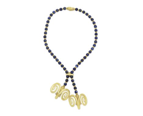 GEM-SET 'RAM'S HEAD' NECKLACE, ATTRIBUTED TO ZOLOTAS, CIRCA 1975-80Composed of sodalite beads alternating with textured links