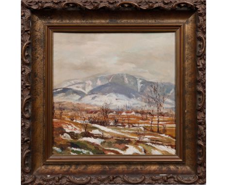 Karel Sirinek (slowakischer Künstler d. 20. Jhdts.)Bergige Winterlandschaft, 1944, Öl auf Pappe, u.r. sign. "K. Sirinek" u. d