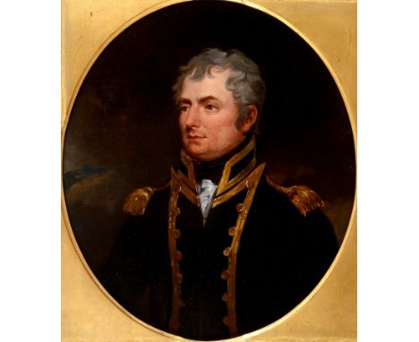 Manner of Henry Raeburn, a half length portrait of a Captain, oil on panel, oval, 36 x 31 cm  See illustration Condition repo