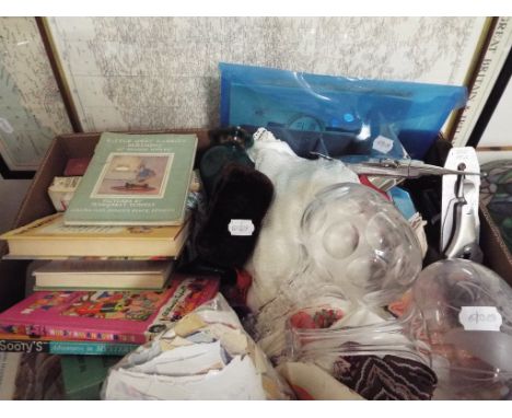 A chrome tabletop jet lighter, assorted Observer's Books, other volumes, textiles, two maps, and other items (qty)