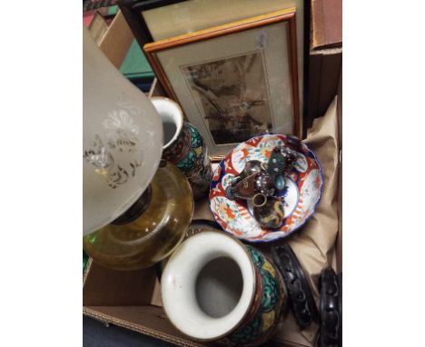 A brass table oil lamp, a pair of Chinese vases, other ceramics, assorted pictures and items (qty)