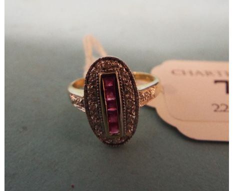 An Art Deco style 9ct yellow gold, ruby and diamond ring