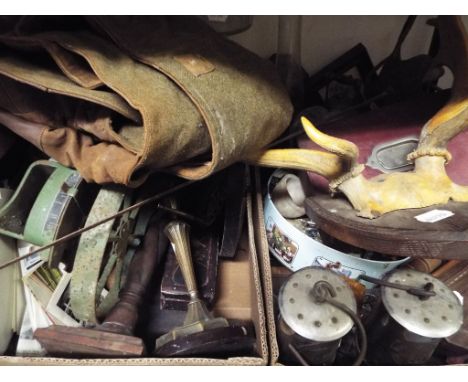 An Eccles miner's lamp, another, oil lamps, an embroidered silk panel, and items (5 boxes)