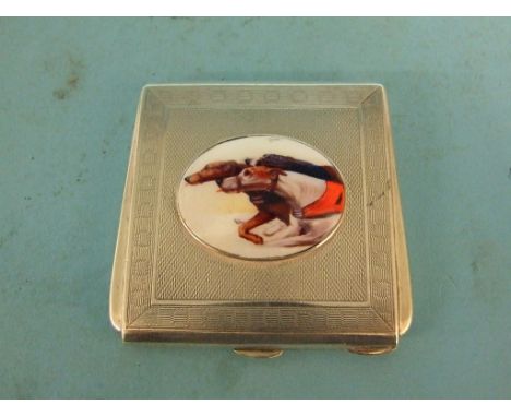 A silver cigarette case, later applied a plaque decorated a dog racing scene