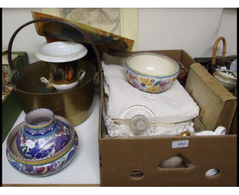 Two Poole pottery bowls, a similar vase, other ceramics, glass, textiles, a brass jam pan, and Tennyson, Guinevere and other 