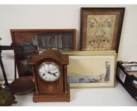 An inlaid oak mantel clock, 32.5 cm high, a Chinese silk embroidery, a pair of watercolours, and an oil on board (5)