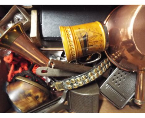 Assorted ceramics and glass, a copper and brass bugle, a horse's hoof and other items (3 boxes)