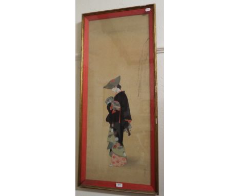 Japanese school, portrait of a Japanese lady in floral dress, gouache, 104 x 40 cm