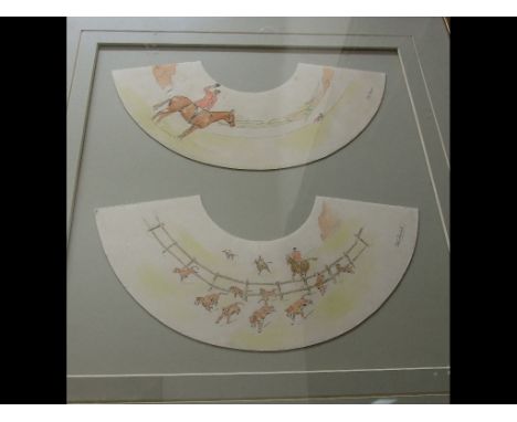 Peter Biegel, four hunting scenes, pen and ink on card, of arched form to decorate a pair of lamp shades, each 14 x 29.5 cm, 