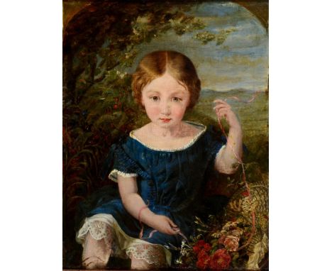 English school, 19th century, a portrait of a young girl amongst flowers and foliage, within a painted arch, oil on canvas, 6