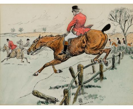 H T G (?) Alland, a hunting scene, pen and ink with watercolour and bodycolour on paper, signed and dated 96, 13 x 18 cm, and