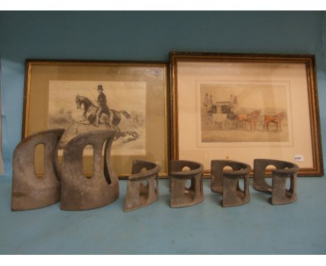 F L Hill, a four horse drawn carriage, watercolour, signed, 18 x 29 cm, a print, and six tack racks (8)