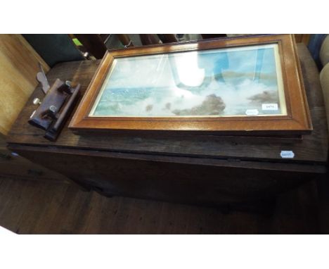 An oak gateleg table, 138 cm wide, a beech moulding plane, and a pair of seascape pictures (4)