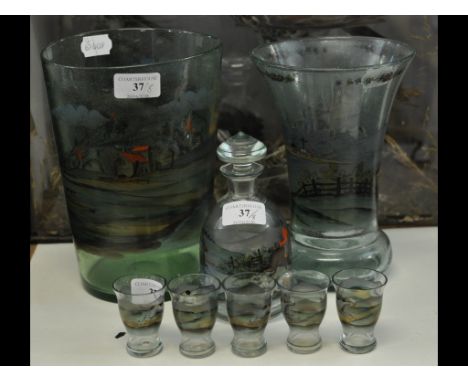 A glass vase, decorated hunting scenes, 22 cm high, another, a similar decanter and five liqueur glasses (8)