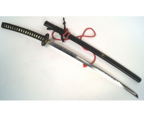 A Japanese Katana sword, with stainless steel blade, the habaki engraved with character with inter-locking metal tsuba, the p