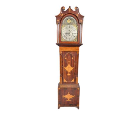 An early 19th century mahogany longcase clock, the 32cm silvered chapter ring with Roman numerals, the silvered dial with fol