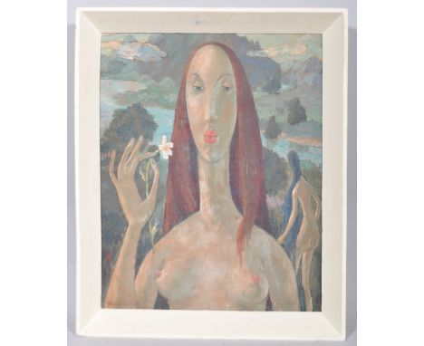 Nora Gower, Eve, portrait of a woman in river landscape, oil on canvas, circa 1974, framed, signed lower left, 49cm x 37cm (e