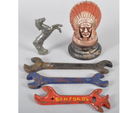 A lorry mascot, of an Indian Chief, labelled Guy Motors Ltd, a Banlett No 1 Spanner, two further spanners by Banfords and Alb
