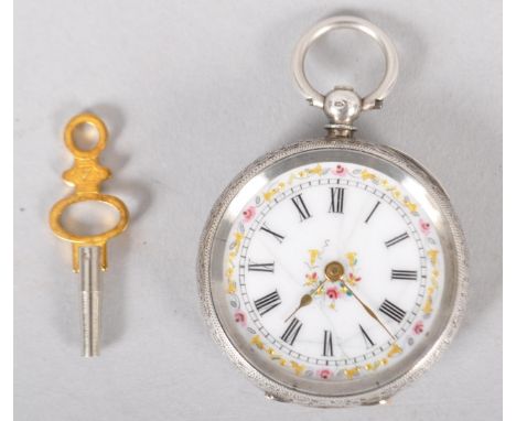 A silver 0.935 key would open face pocket watch. White ceramic dial with floral embellishments. Key supplied. 40.0 grams