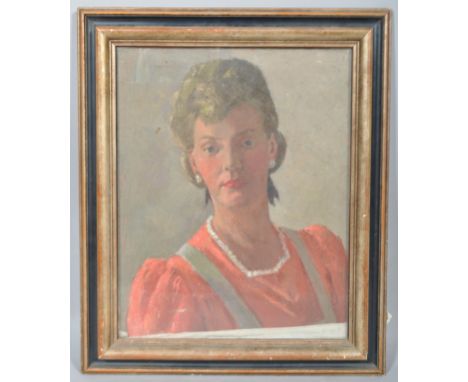 20th century school, Portrait of a lady, oil on canvas, painted with a three-quarter length portrait of a woman wearing a red