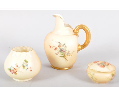 Worcester blush jug and other items, including a bud vase and a Grainger's Worcester trinket pot and cover, all painted with 