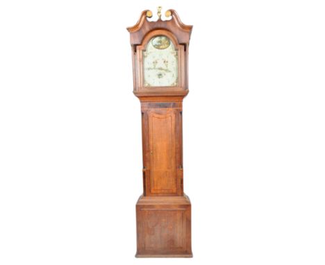 A 30 hour oak longcase clock, the hood with swan neck pediment, face with stringing and quarter capitals, the painted dial en