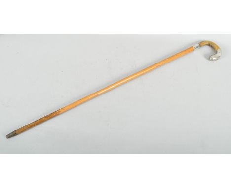 A horn mounted walking stick, with engraved silver coloured handle and collar, initalled AC, 90cm high