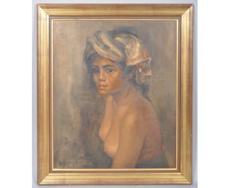 20th century school, portrait of a female nude, oil on board, indistinctly signed lower left, framed, 49cm x 59cm