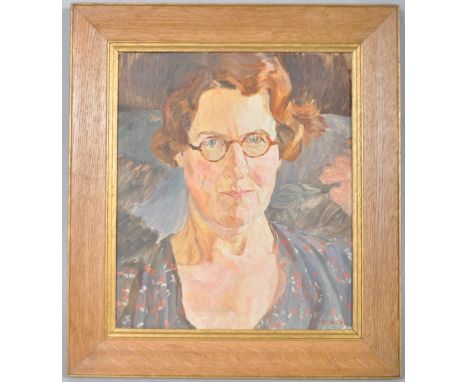 Portrait by Beach, British 20th century School, portrait of a woman, circa 1930, oil on canvas, Mrs McCormack (Senior) in oak