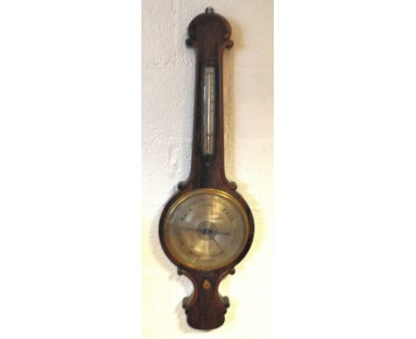 A mid 19th century rosewood Banjo barometer, the 25cm inlaid dial labelled E &amp; E Emannuel, Portsmouth, with mercury therm